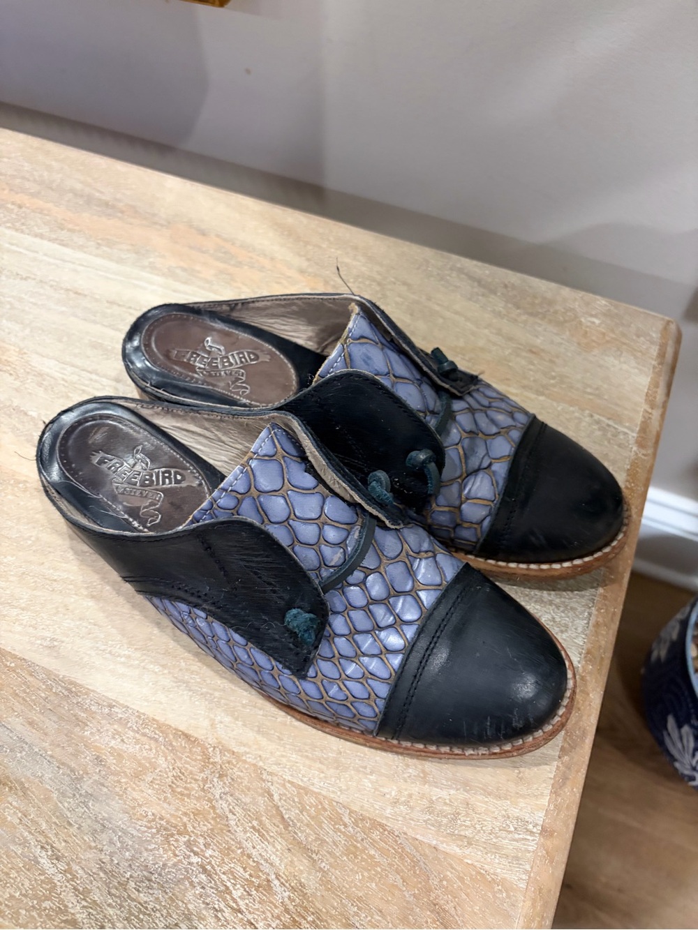 Freebird by Steven Blue Patterned and Black Leather Mule Clogs